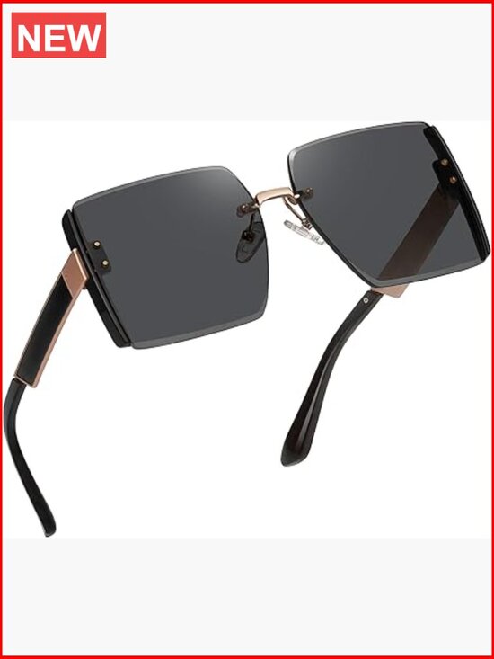 Oversized Rimless Square Sunglasses UV400 Protection Metal Frame